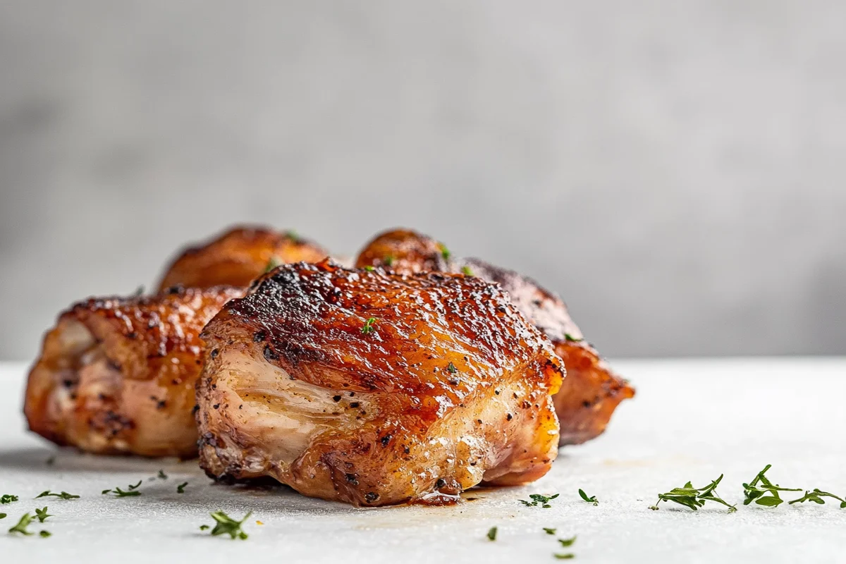 Juicy smoked chicken thighs with crispy skin served on a wooden platter with BBQ sauce and sides. 